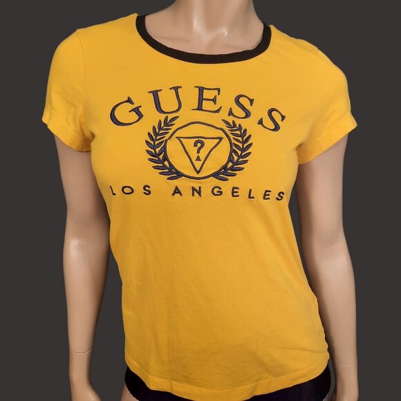 Y2K GUESS T Shirt Yellow Embroidered Ringer Womens L Short Sleeve - Picture 2 of 8
